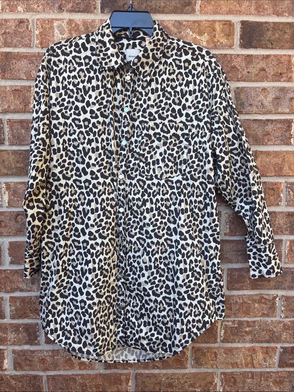 Maeve Leopard Print Button-Down Shirt -roll up sleeve magnetic buttons.